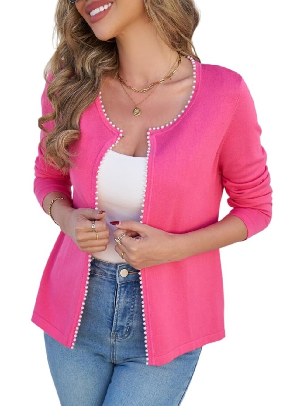 Women's Rose Lightweight Open Front Sweater Cardigan Pearls Trim Knit Jacket